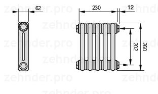 Схема (чертеж) Радиатор Zehnder Charleston 2026/5 №7610 Белый глянцевый RAL 9016